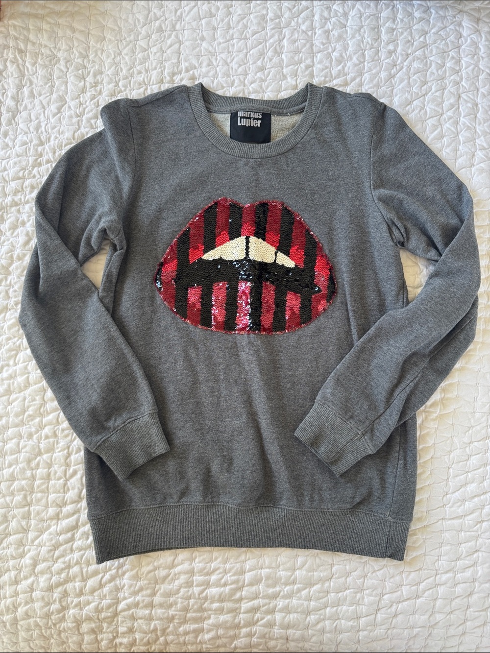 Markus Lupfer Gray Crewneck Sweater with Sequined Red & Black Lip
